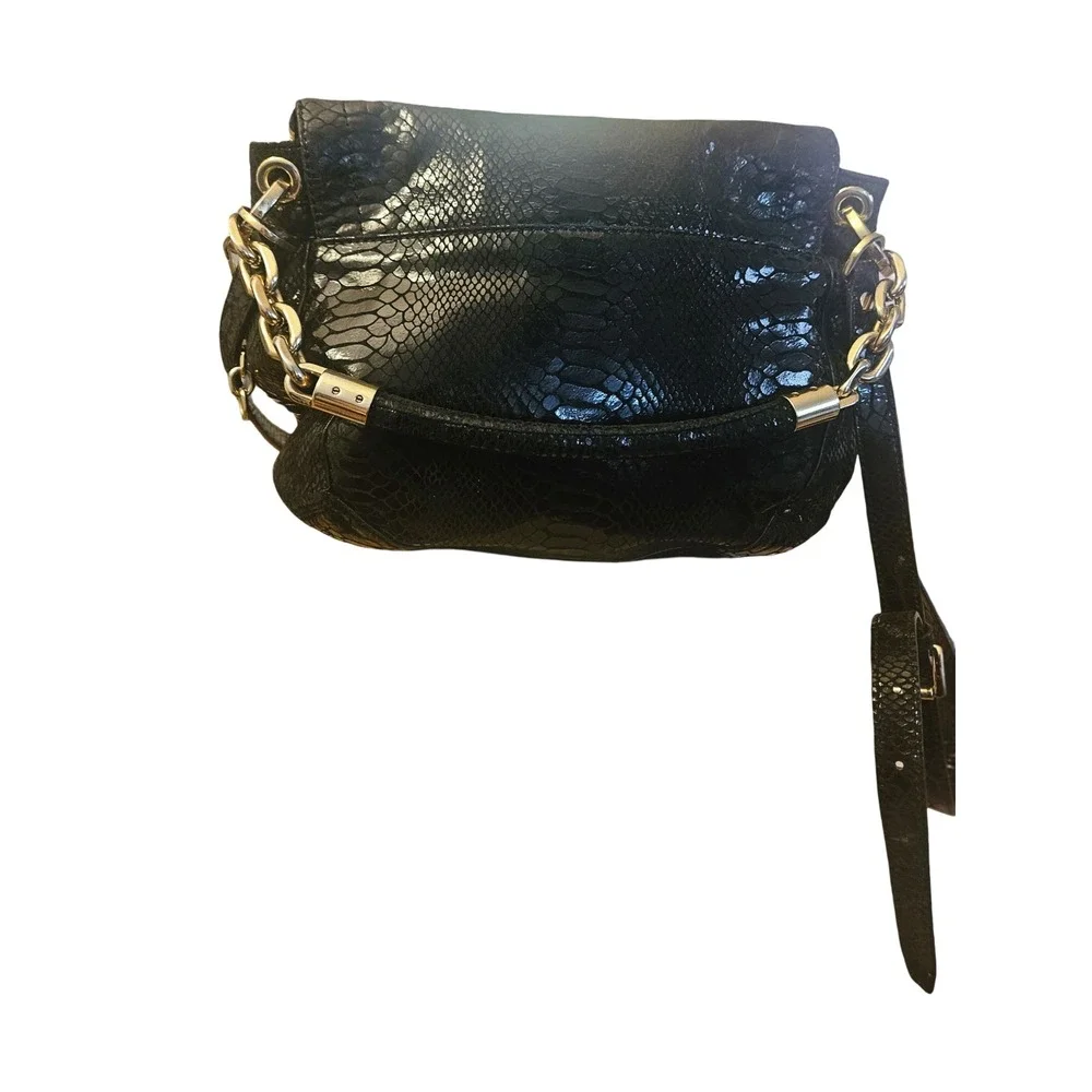 Michael Kors Bedford Black Snake Embossed Leather Crossbody Bag Gold Hardware
